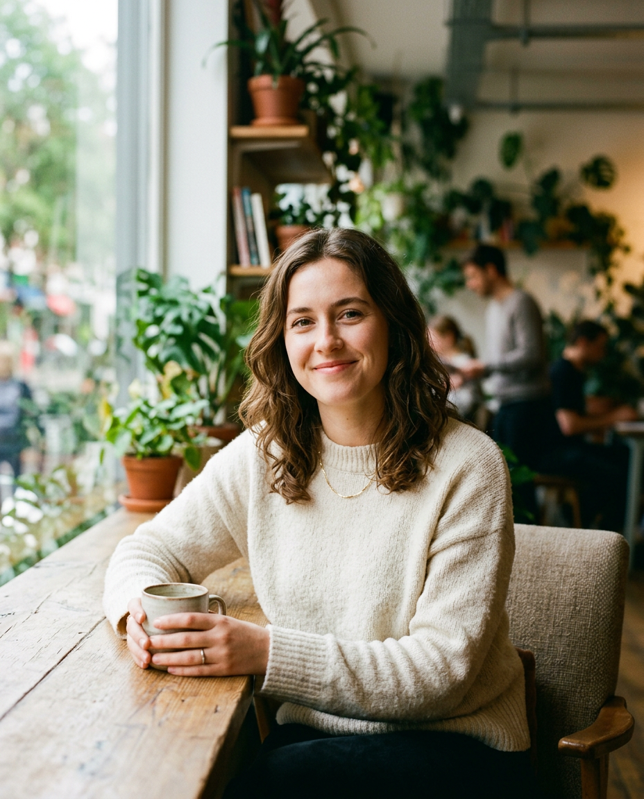 Portrait d’une jeune femme souriante, une tasse entre les mains, dans un café lumineux.