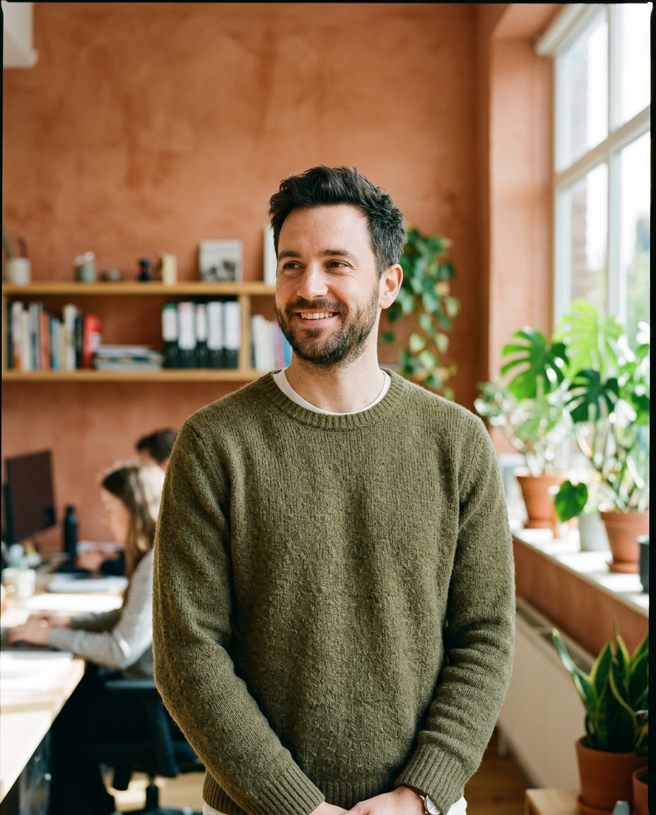Portrait d’un homme barbu en pull vert, debout dans un bureau aux murs terracotta.