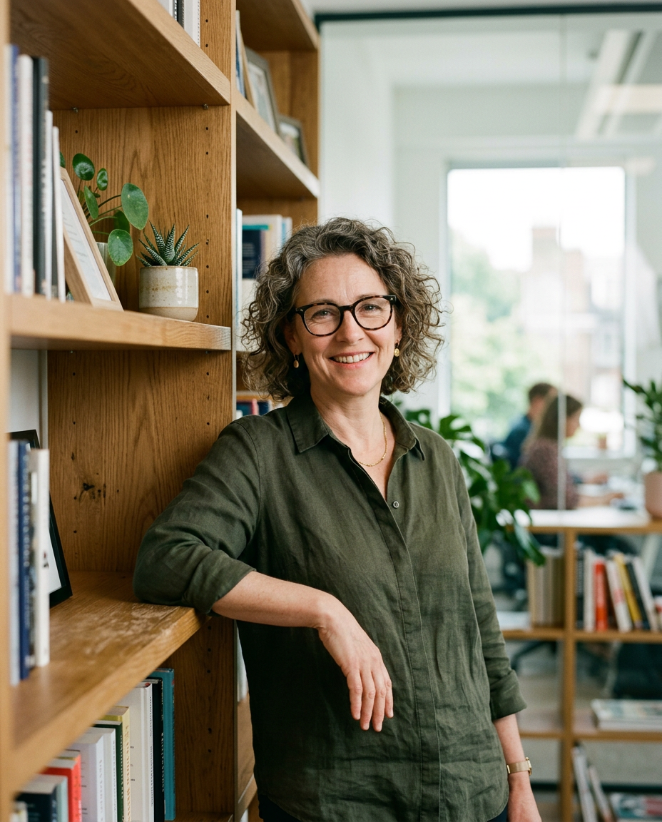 Portrait d’une femme à lunettes et cheveux bouclés, appuyée à une bibliothèque en chêne.
