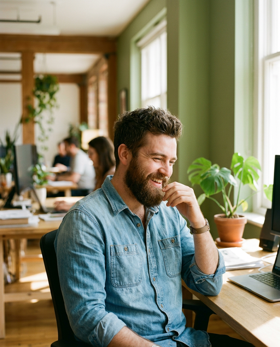 Portrait d’un homme barbu en chemise en jean, qui rit à son bureau.