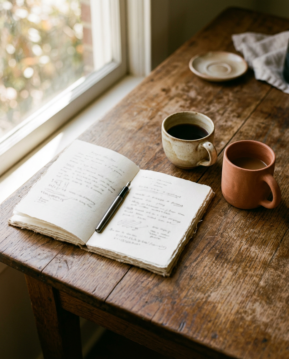 Un carnet ouvert, un stylo et deux tasses de café sur une table en bois, près d'une fenêtre.