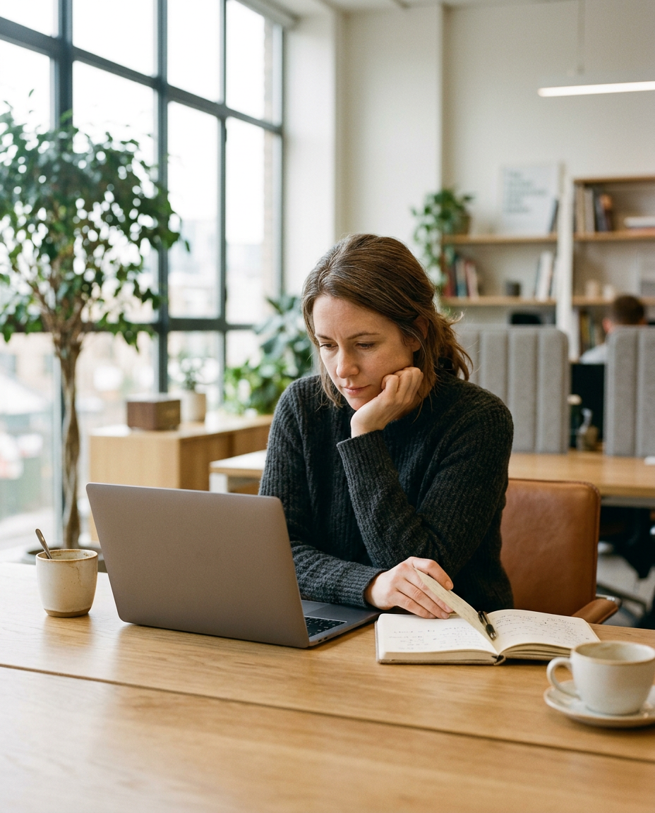 Une manager seule à son bureau, la main sur la joue, qui relit son historique avant de retrouver quelqu'un ; une deuxième tasse l'attend.